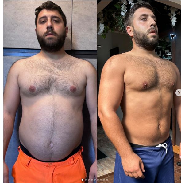 Confronto prima e dopo del ragazzo con pantalone arancione seguito da Alessio Di Cecco